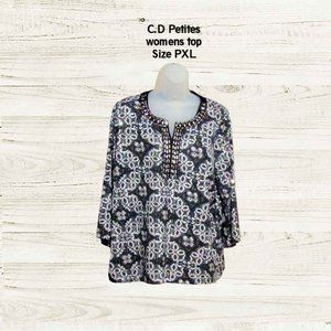 C.D petites sizePXL womens top white with black print and sequins ¾ sleeves